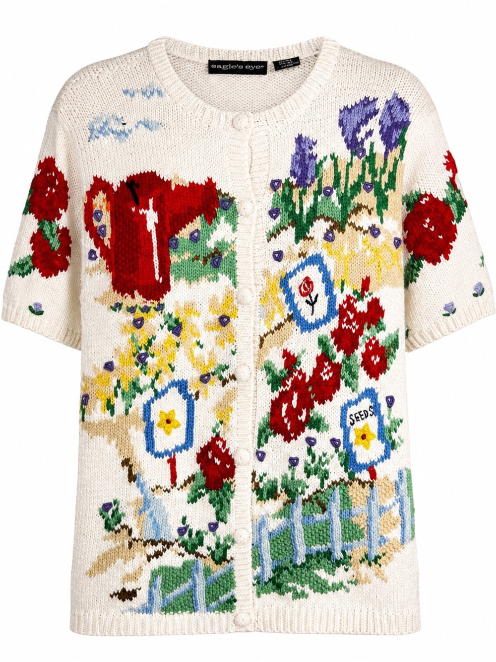 Vintage Eagle's Eye Garden Scene Cotton Knit Cardigan Sweater Medium Cottagecore